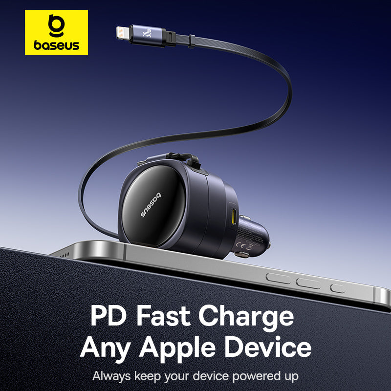 Baseus charging cable with a headphone on a smartphone, promoting PD fast charge for Apple devices.