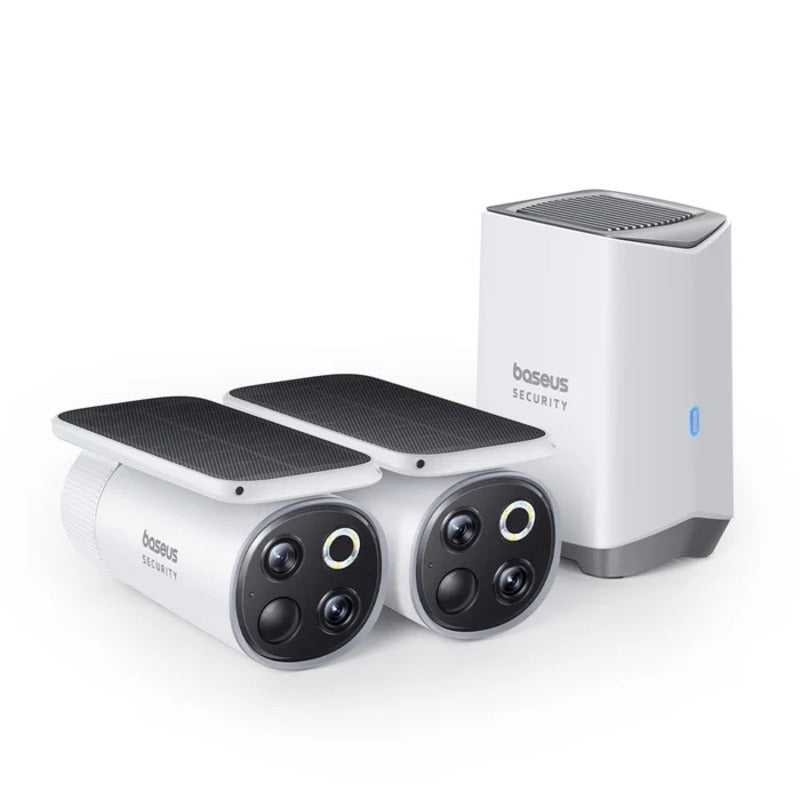 Baseus security camera system with two cameras and a central hub on a white background