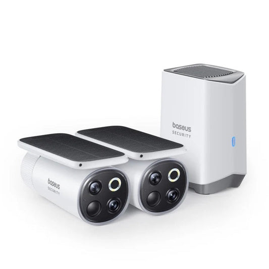 Baseus security camera system with two cameras and a central hub on a white background