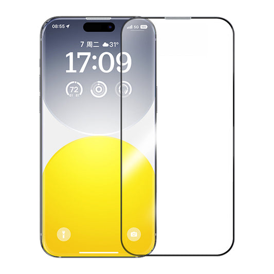 A clear tempered glass screen protector for an iPhone, showing the screen with time and date on the display.