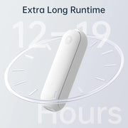 Jisulife Life8 3-in-1 Portable Fan Power Bank Torch USB-C White electronic device with 'Extra Long Runtime' text and clock design in the background