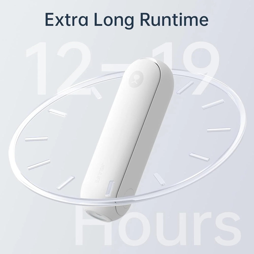 Jisulife Life8 3-in-1 Portable Fan Power Bank Torch USB-C White electronic device with 'Extra Long Runtime' text and clock design in the background