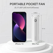 Jisulife Life8 3-in-1 Portable Fan Power Bank Torch USB-C Portable pocket fan next to an iPhone 13 with dimensions displayed
