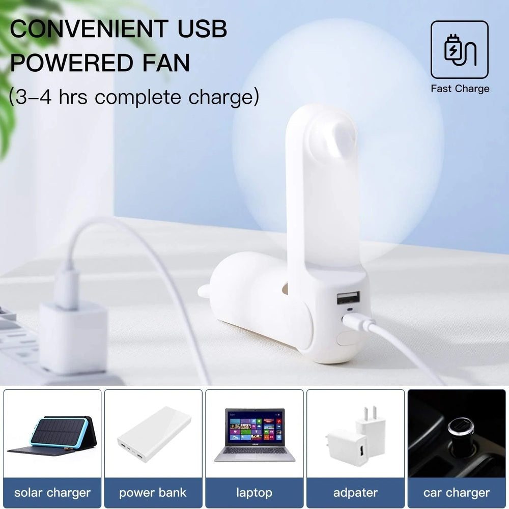 Jisulife Life8 3-in-1 Portable Fan Power Bank Torch USB-C White USB-powered fan with charging cable on a white surface, with text indicating fast charge time and compatibility with various devices.