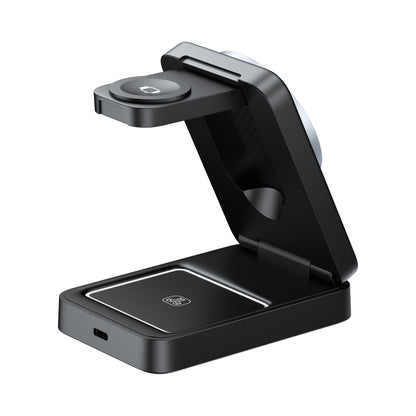 Black phone stand with wireless charging pad on a white background