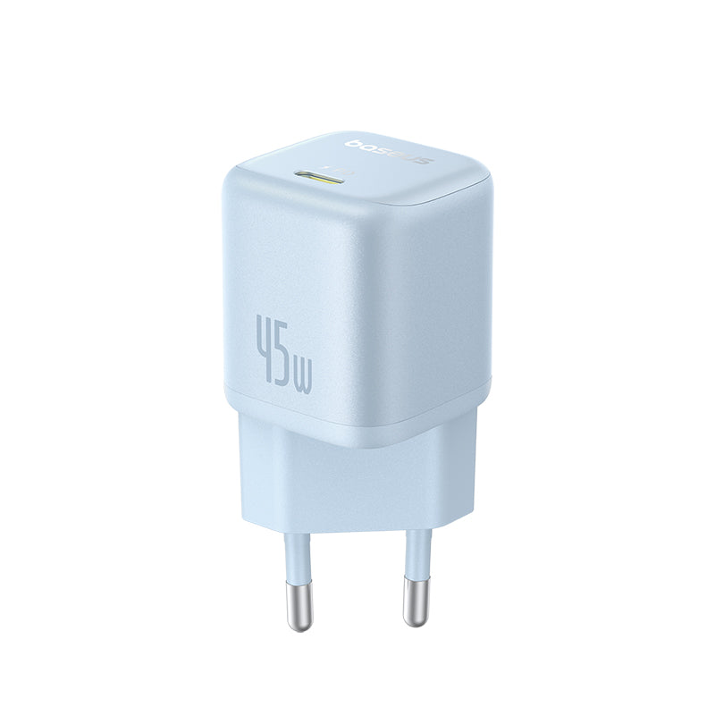 The Baseus PicoGo GaN Fast Charger 1C 45W EU Galaxy Blue With Type-C port on White Background