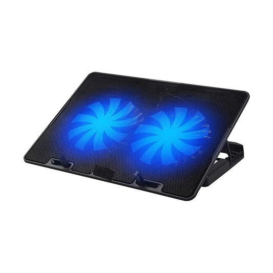 Black laptop cooling pad with blue LED fans on a white background