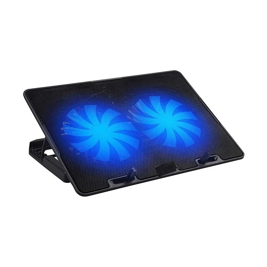 Black laptop cooling pad with blue LED fans on a white background