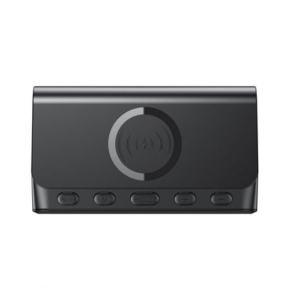 Black wireless charging pad with control buttons on a white background
