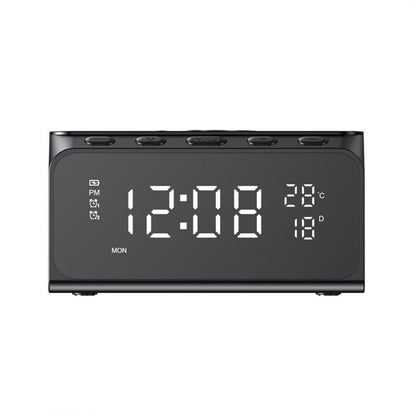 Black digital clock with time and temperature display on a white background