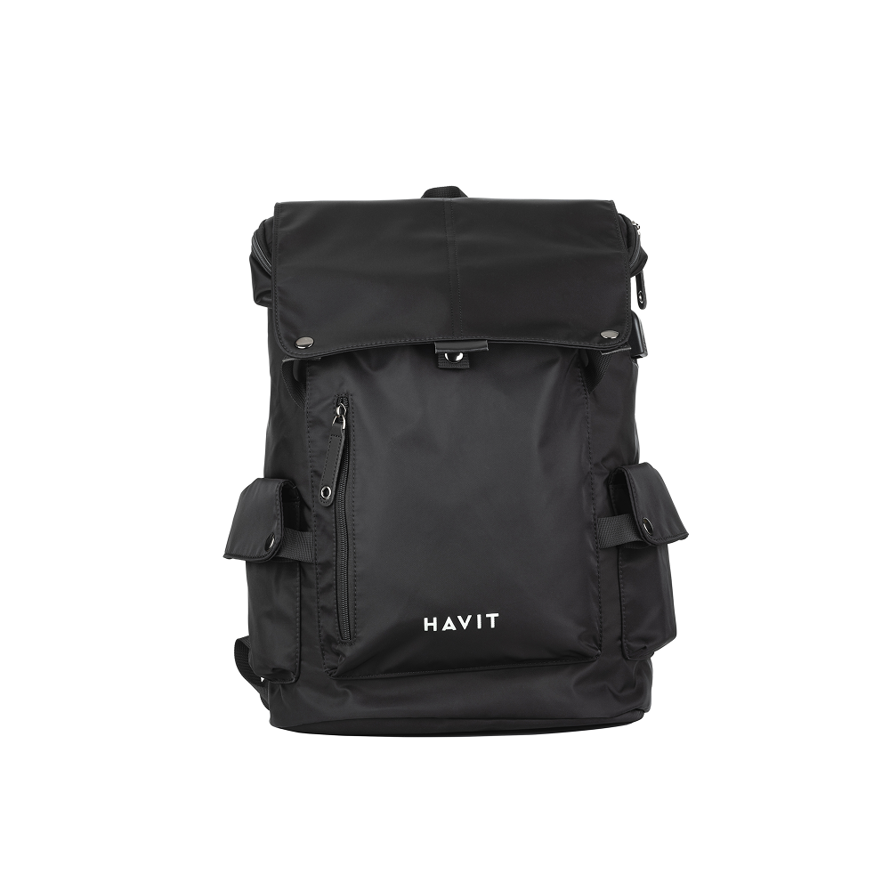 Black backpack with 'HAVIT' branding on a white background