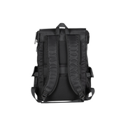 Black backpack shown from the back on a white background