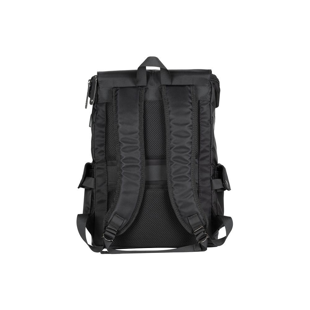 Black backpack shown from the back on a white background