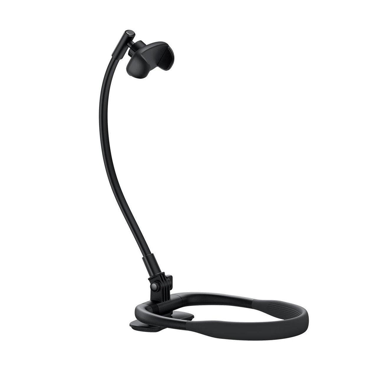 An adjustable neck phone holder with a black silicone lined pad and a flexible neck.