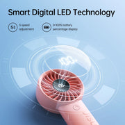 Jisulife Life4 Handheld Fan 3600mAh 5 Speed LED Display Pink handheld fan with digital display on a blue background, featuring smart digital LED technology.