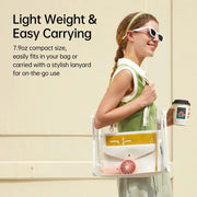 Jisulife Life4 Handheld Fan 3600mAh 5 Speed LED Display Woman holding a transparent bag with a design, wearing sunglasses and a green dress, against a beige wall.