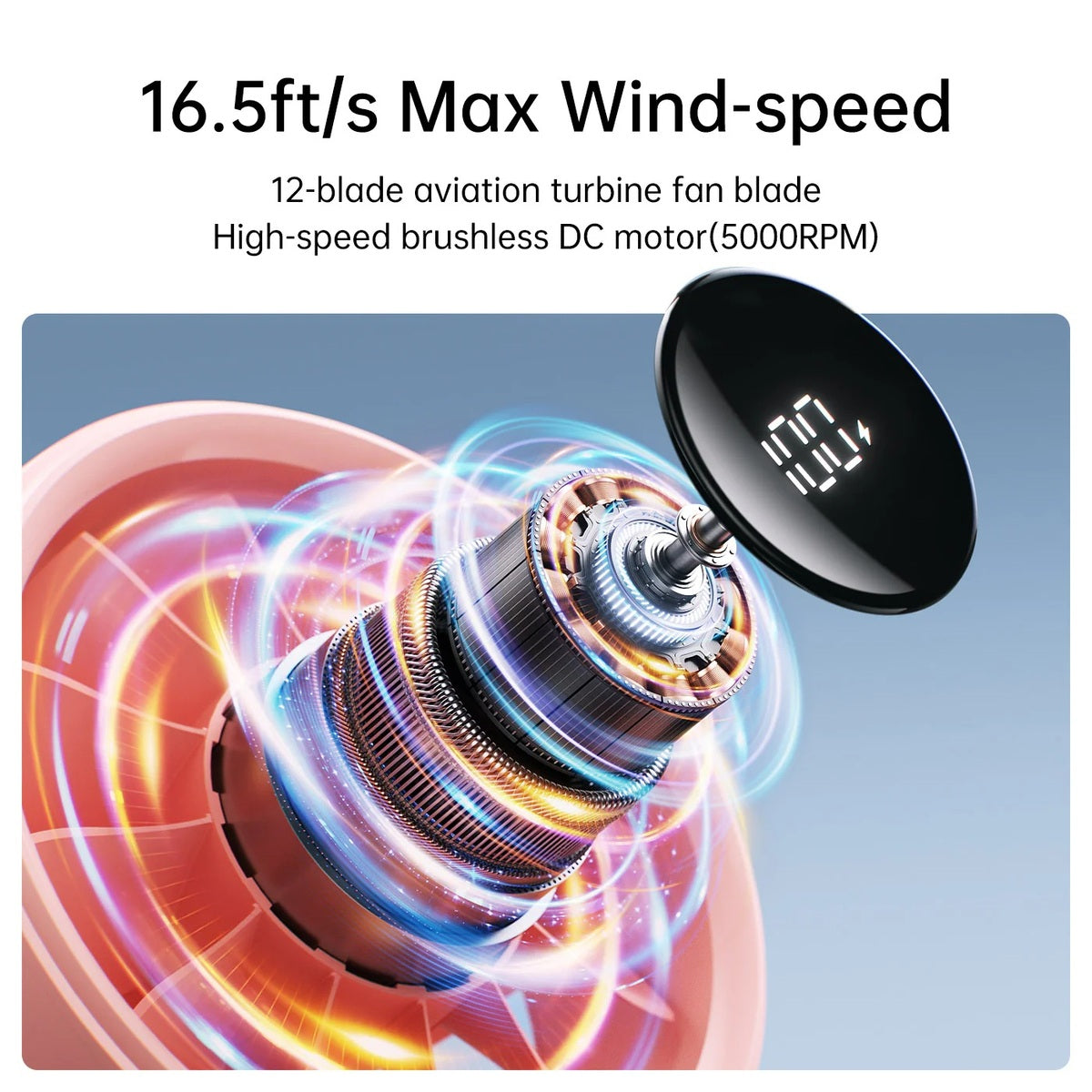Jisulife Life4 Handheld Fan 3600mAh 5 Speed LED Display High-speed brushless DC motor with digital display and colorful swirling effects on a blue background.