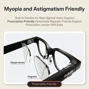Rokid AI Glasses (12MP POV Camera, Dual‑Eye AR Display, 89‑Language Translation) Black eyeglasses with detachable magnetic frames on a beige background, featuring text about myopia and astigmatism support.