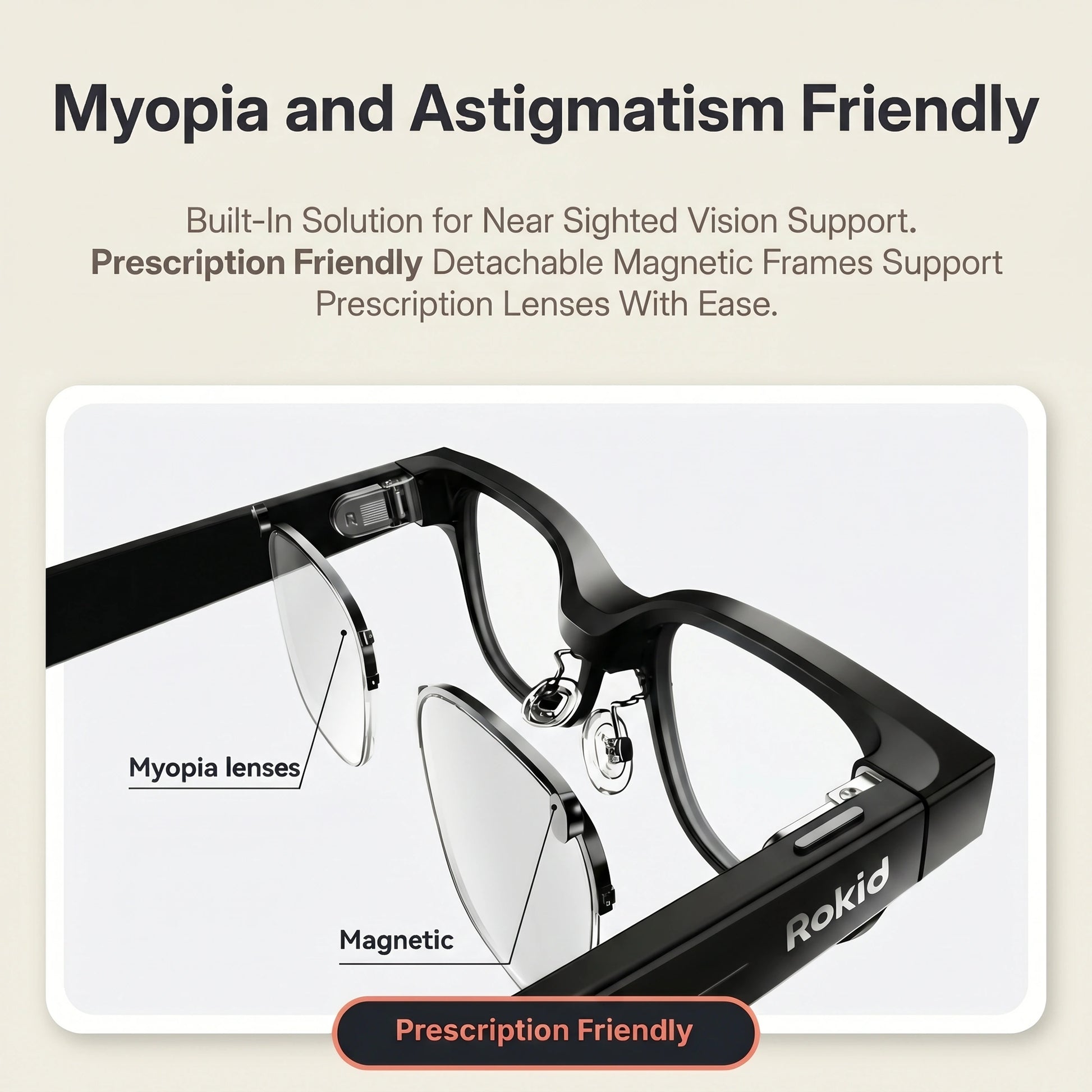 Rokid AI Glasses (12MP POV Camera, Dual‑Eye AR Display, 89‑Language Translation) Black eyeglasses with detachable magnetic frames on a beige background, featuring text about myopia and astigmatism support.