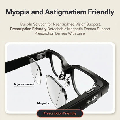 Rokid AI Glasses (12MP POV Camera, Dual‑Eye AR Display, 89‑Language Translation) Black eyeglasses with detachable magnetic frames on a beige background, featuring text about myopia and astigmatism support.