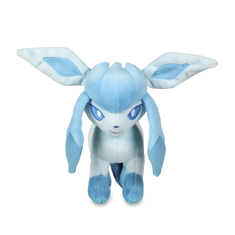 A soft plush toy of the Pokemon Glaceon, featuring blue and white colors with a soft cushion design.