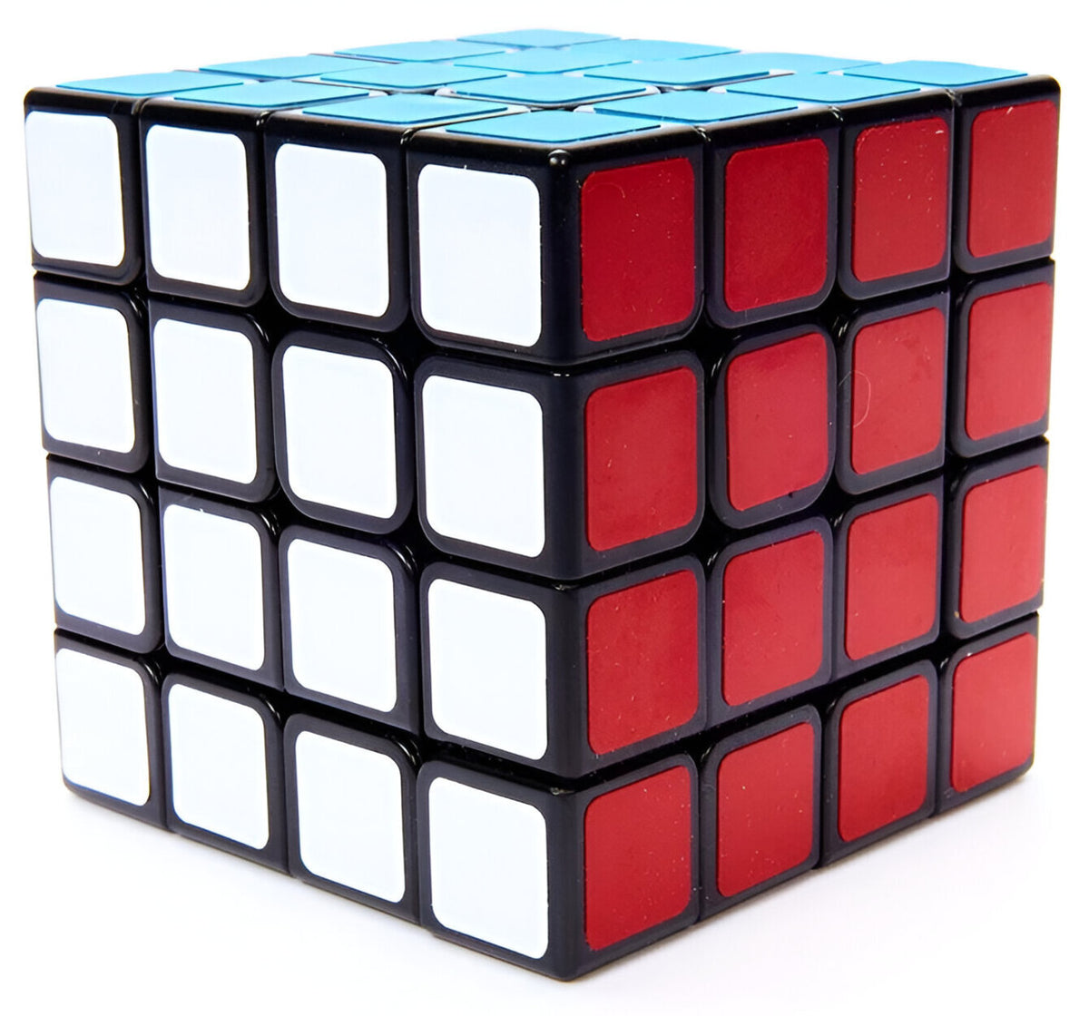 Rubik's Cube with red and white sides on a white background / Magic Rubik's Speed Cube 4 x 4