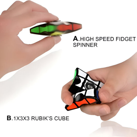 High speed fidget spinner and Rubik's Cube held by hands on a white background / Multi-Coloured 1x3 Rubik's Cube Fidget Spinner