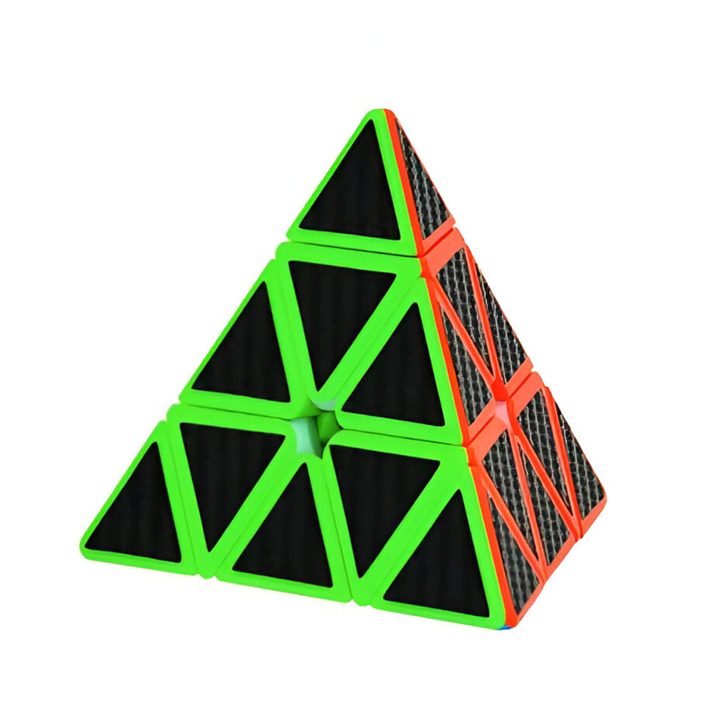 Triangular Fan Cube Carbon Fibre Edition (Smooth, Lightweight Puzzle) Pyraminx-style puzzle with green and orange accents on a white background