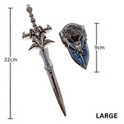 Decorative sword and sheath with measurements on a white background