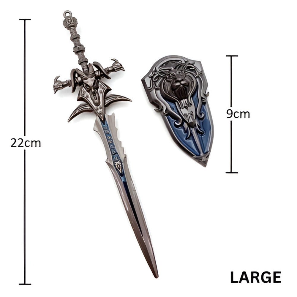Decorative sword and sheath with measurements on a white background