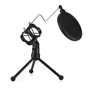 Black microphone stand with pop filter on a white background