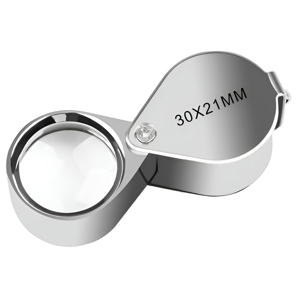 Silver magnifying glass with '30X21MM' marking on a white background / Magnifying Jewelers Eye Loupe - 30x Magnification