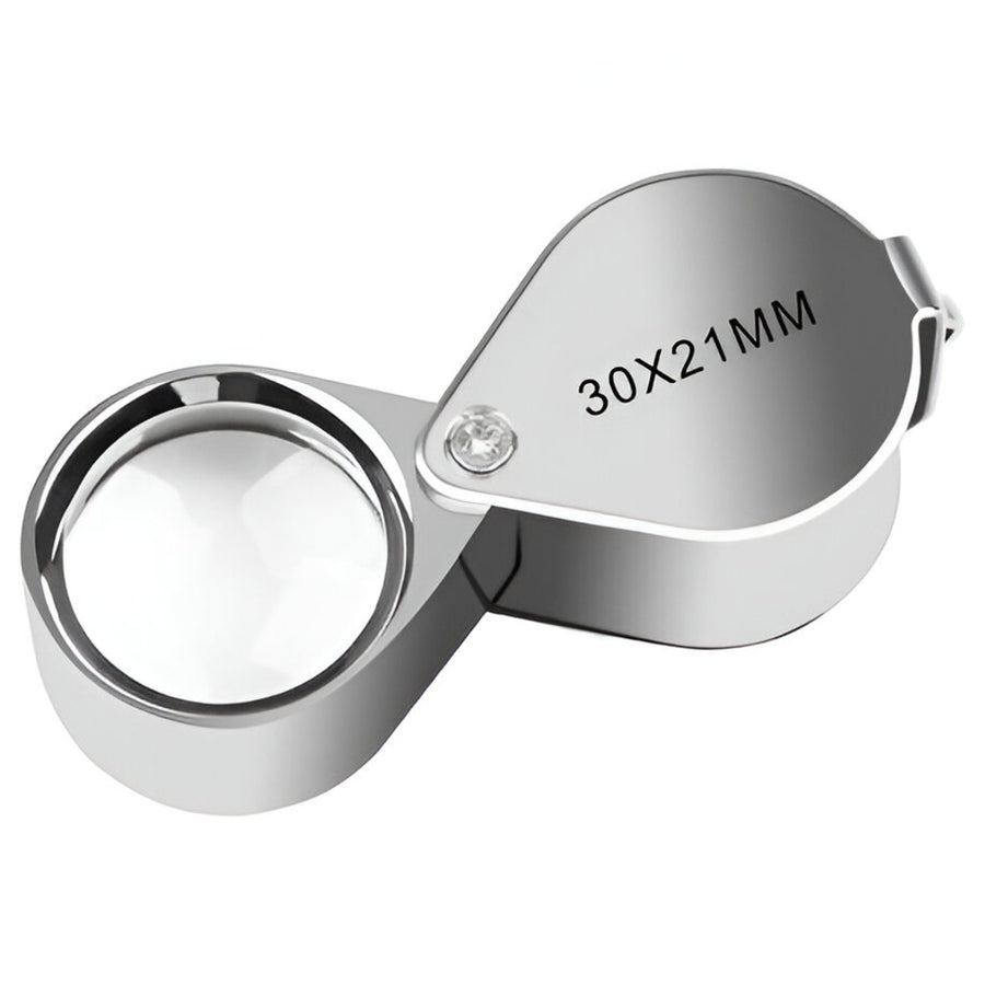 Silver magnifying glass with '30X21MM' marking on a white background / Magnifying Jewelers Eye Loupe - 30x Magnification