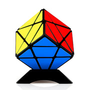 Geometric puzzle with red, yellow, and blue faces on a white background