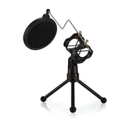 Black microphone stand with pop filter on a white background