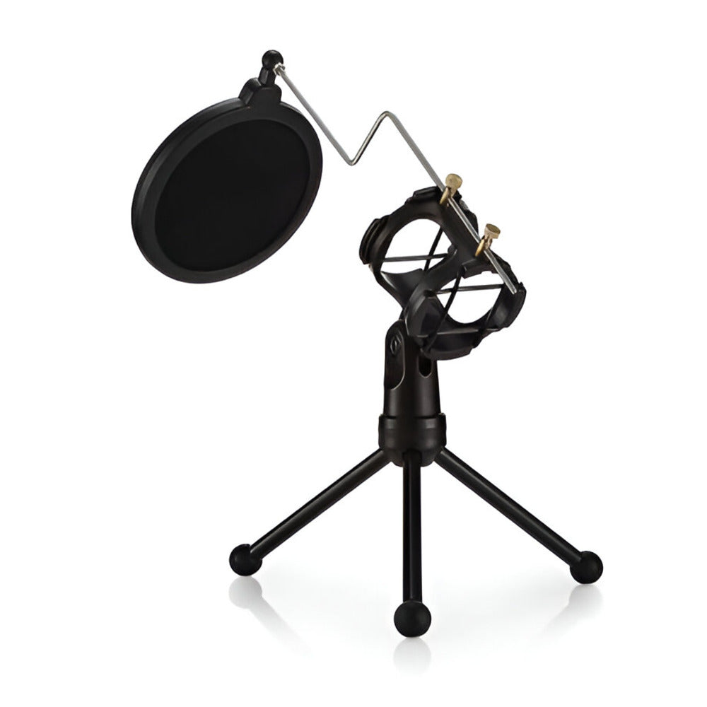 Black microphone stand with pop filter on a white background