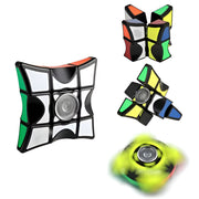 Colorful geometric fidget spinner toys on a white background