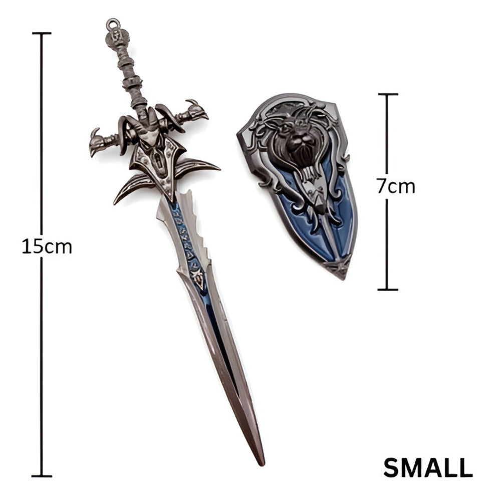 Decorative sword and sheath with measurements on a white background