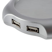 USB Mug Warmer And 4 Port Hub, Close-up of a gray USB hub with multiple ports on a white background