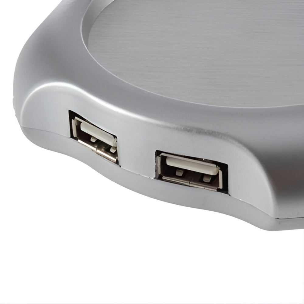 USB Mug Warmer And 4 Port Hub, Close-up of a gray USB hub with multiple ports on a white background