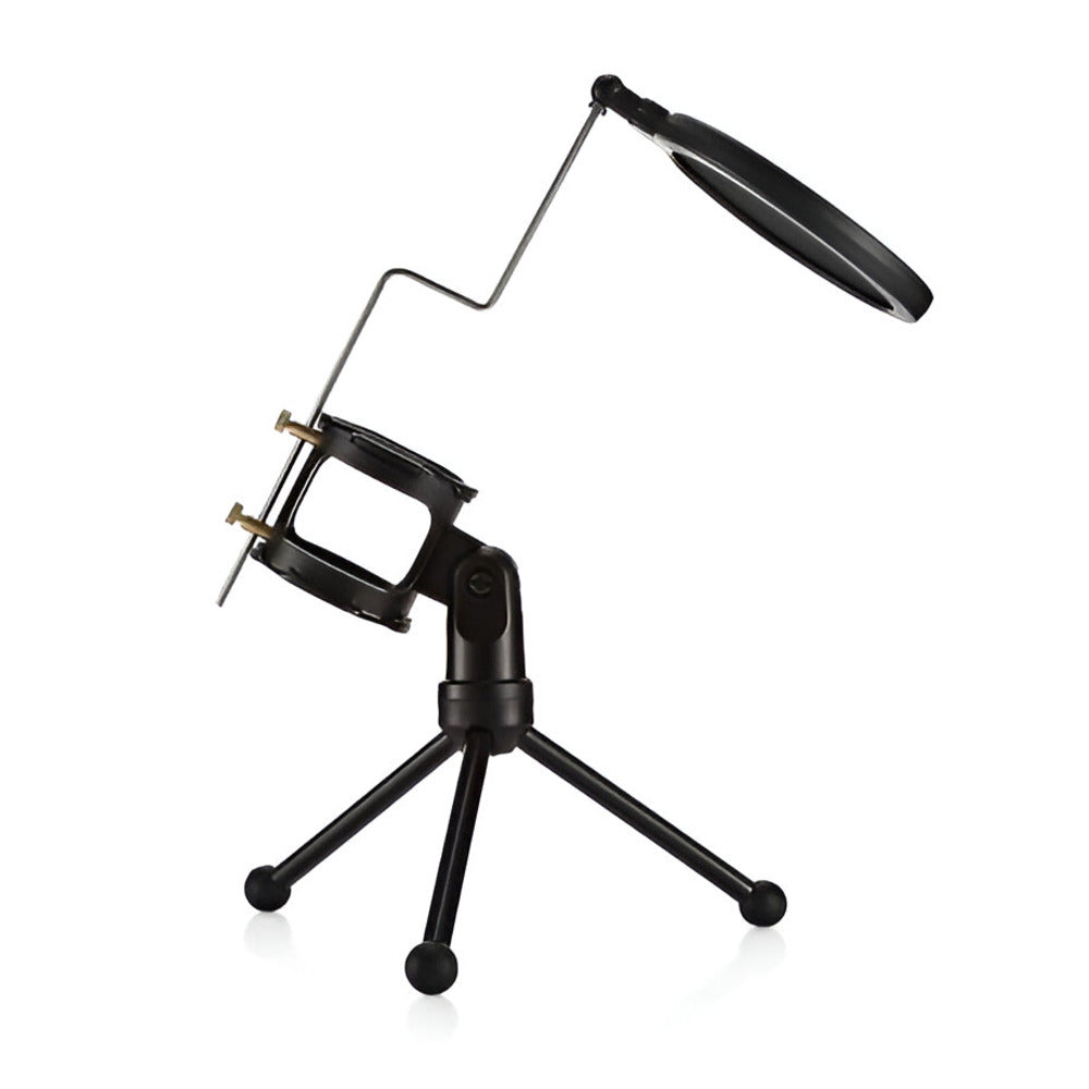 Black adjustable lamp with clamp on a white background