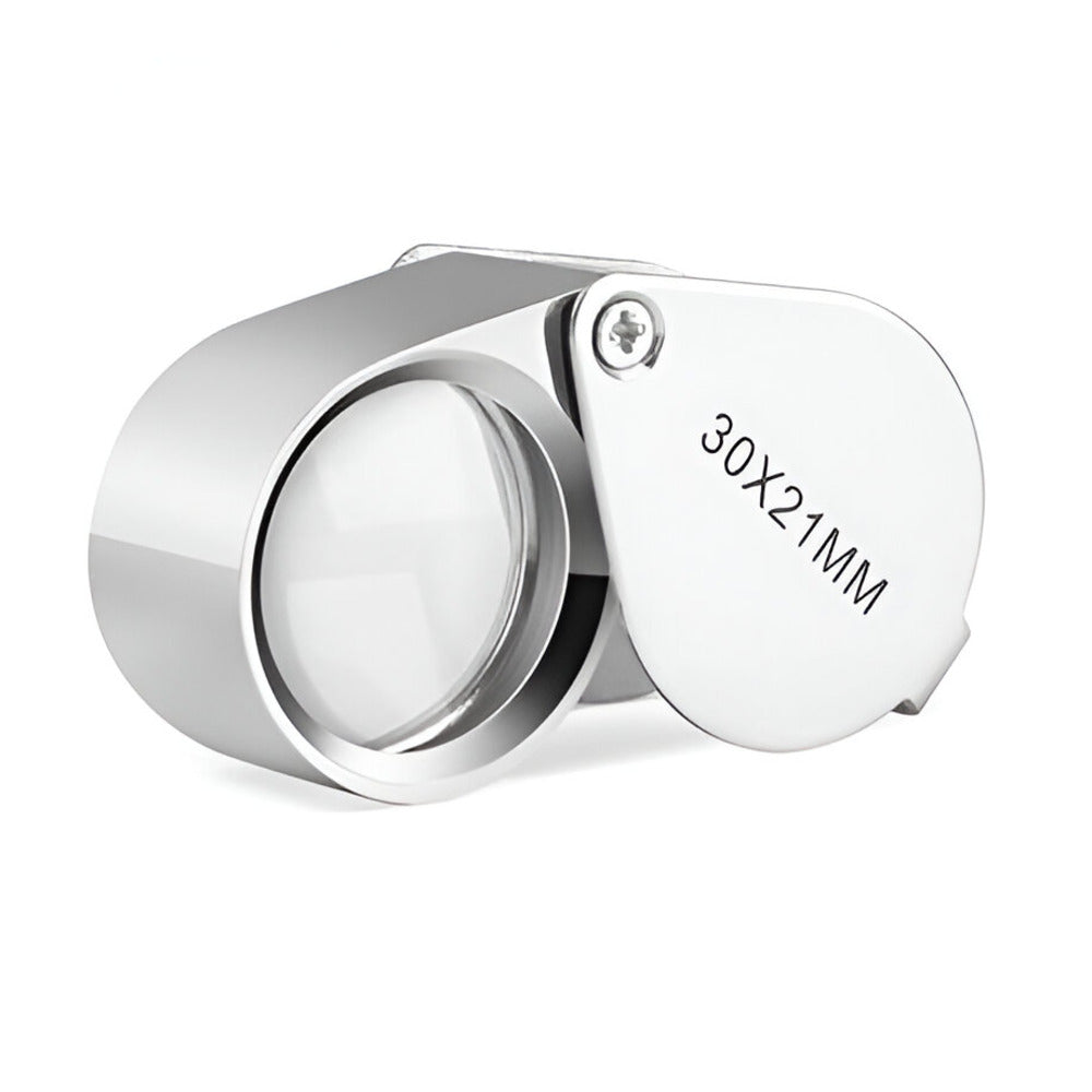 Silver magnifying glass with '30x21mm' marking on a white background / Magnifying Jewelers Eye Loupe - 30x Magnification