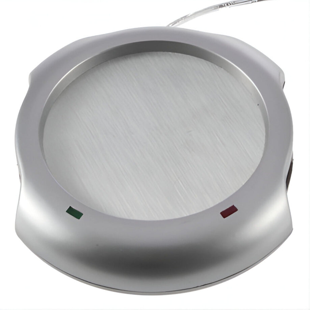 USB Mug Warmer And 4 Port Hub, Round metallic object with a white background