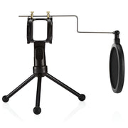 Black phone holder with tripod and pop filter on a white background