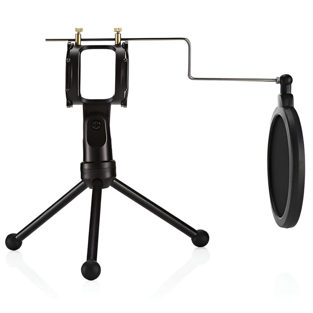 Black phone holder with tripod and pop filter on a white background