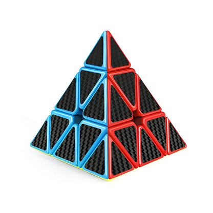 Pyraminx-style puzzle with black, red, and blue triangular pieces on a white background