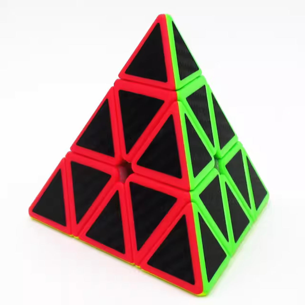 Pyraminx-style puzzle with red, black, and green edges on a white background