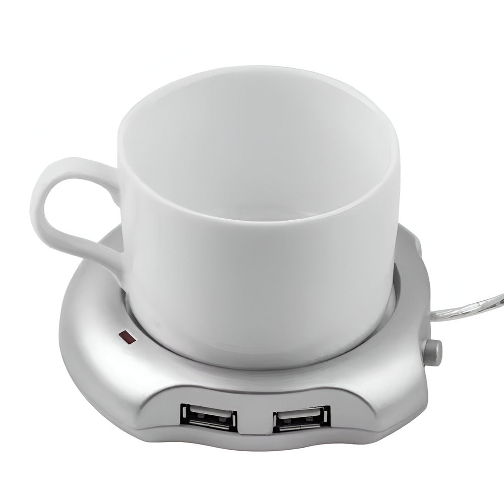 USB Mug Warmer And 4 Port Hub, White mug on a silver heating pad with USB ports on a white background