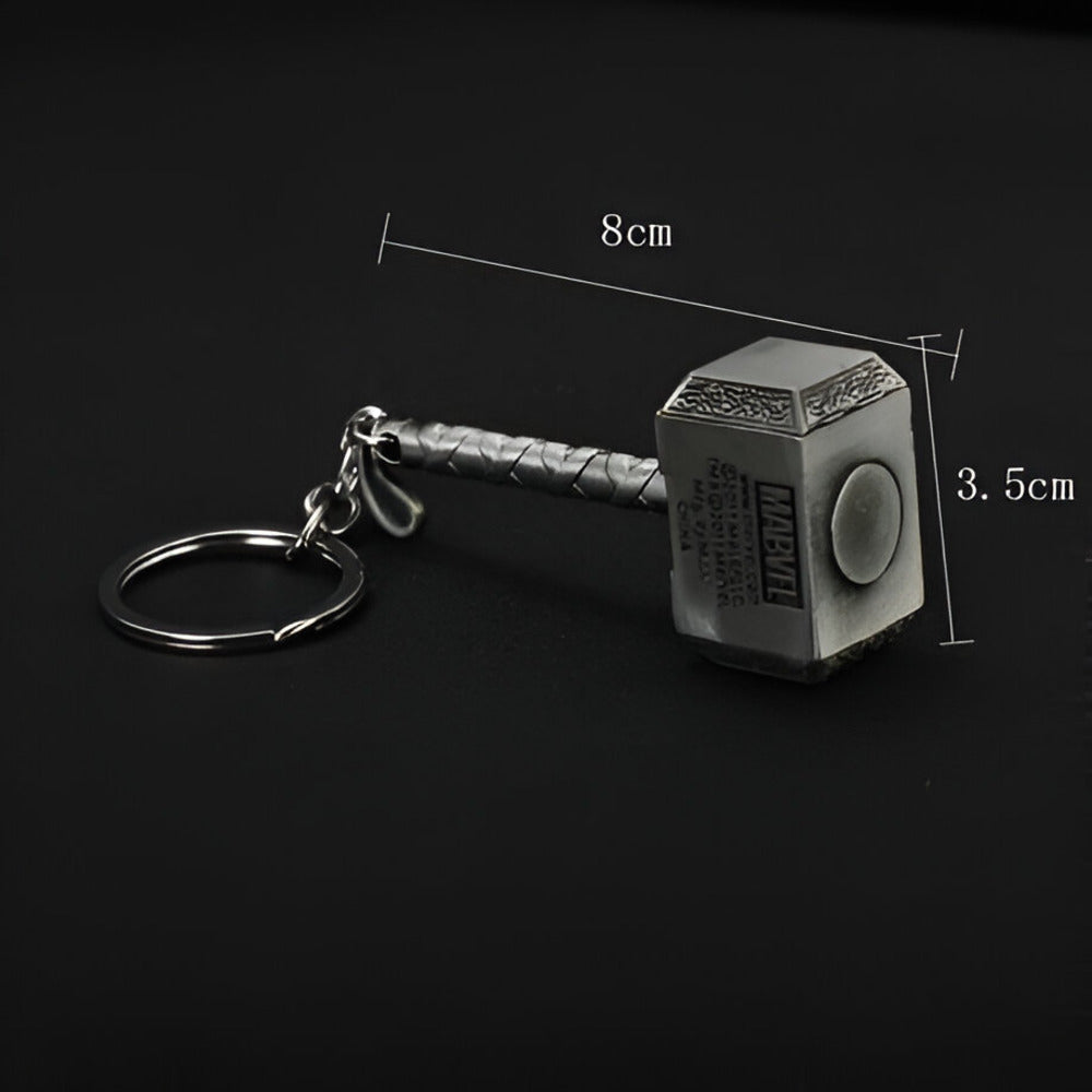 Thor's hammer keychain with measurements on a black background / Marvel Avenger's Thor's Hammer Mjolnir Keychain