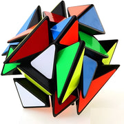 Colourful geometric puzzle with triangular pieces on a white background